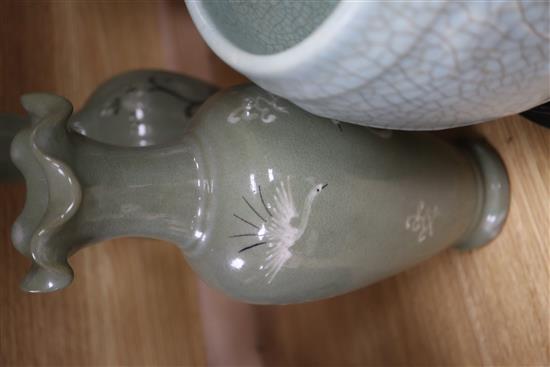 A Chinese celadon crackle glaze bowl and vase and two Korean celadon vases tallest 28cm